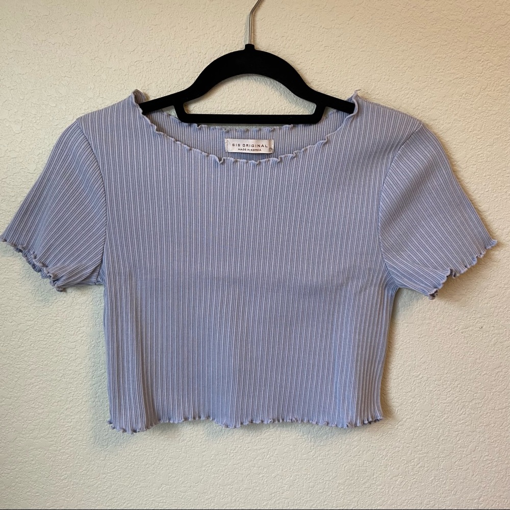 NWT Cropped Blue Ribbed Ruffle Lettuce Edge Shirt